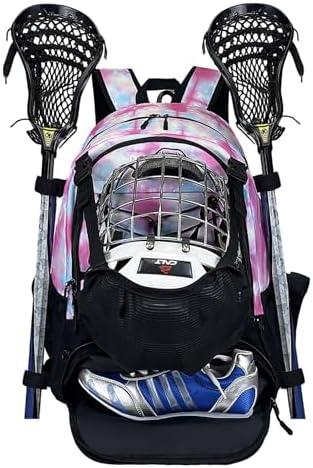 DAFISKY Lacrosse Backpack Field Hockey Equipment Bag,2 Stick Holders,Helmet Holder&Separate Ventilated Shoe Compartment Holds All Lacrosse Gear,Ergonomic Comfort Waterproof Durable for Youth Men Women