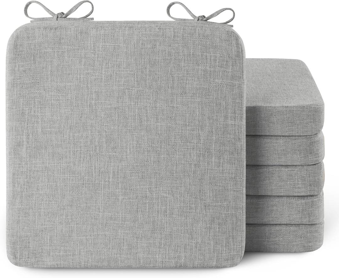 AddGrace Square Chair Cushions for Dining Chairs 6 Pack Non Slip Seat Cushions for Kitchen Chairs Indoor Thick Dining Room Chair Pads with Ties and Removable Cover 16'' x 16'' x 2'' (6, Light Grey)