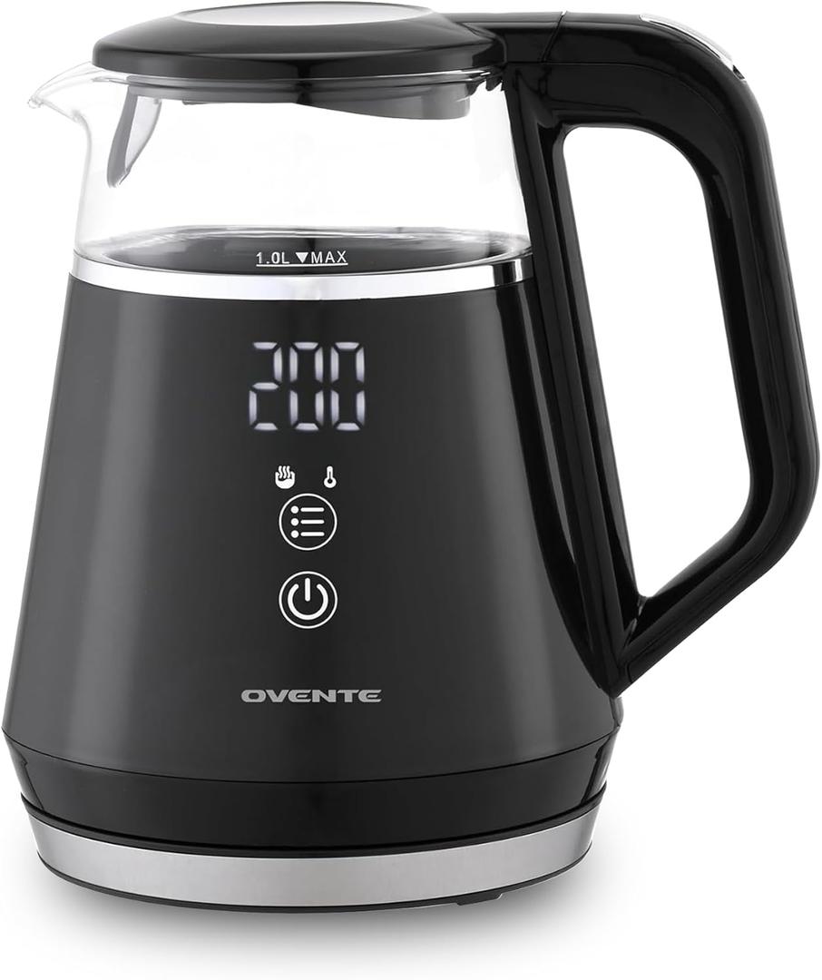 OVENTE 1L Small Electric Kettle with 5 Temperature Preset, Digital Display, 5Hr Keep Warm, Auto Shut-Off, Double-Wall Cool Touch Exterior, Borosilicate Glass,1500W BPA Free Water Boiler, Black KD95B