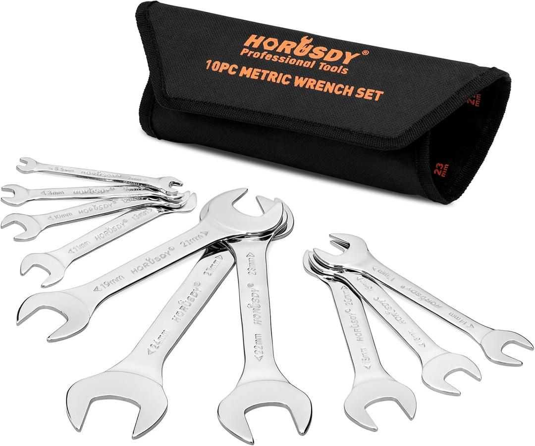 HORUSDY Thin Wrenches Set | Metric | 10-Piece | Including 5.5mm to 27mm | Bike Wrench Set | Thin Open End Wrench Set with Rolling Pouch