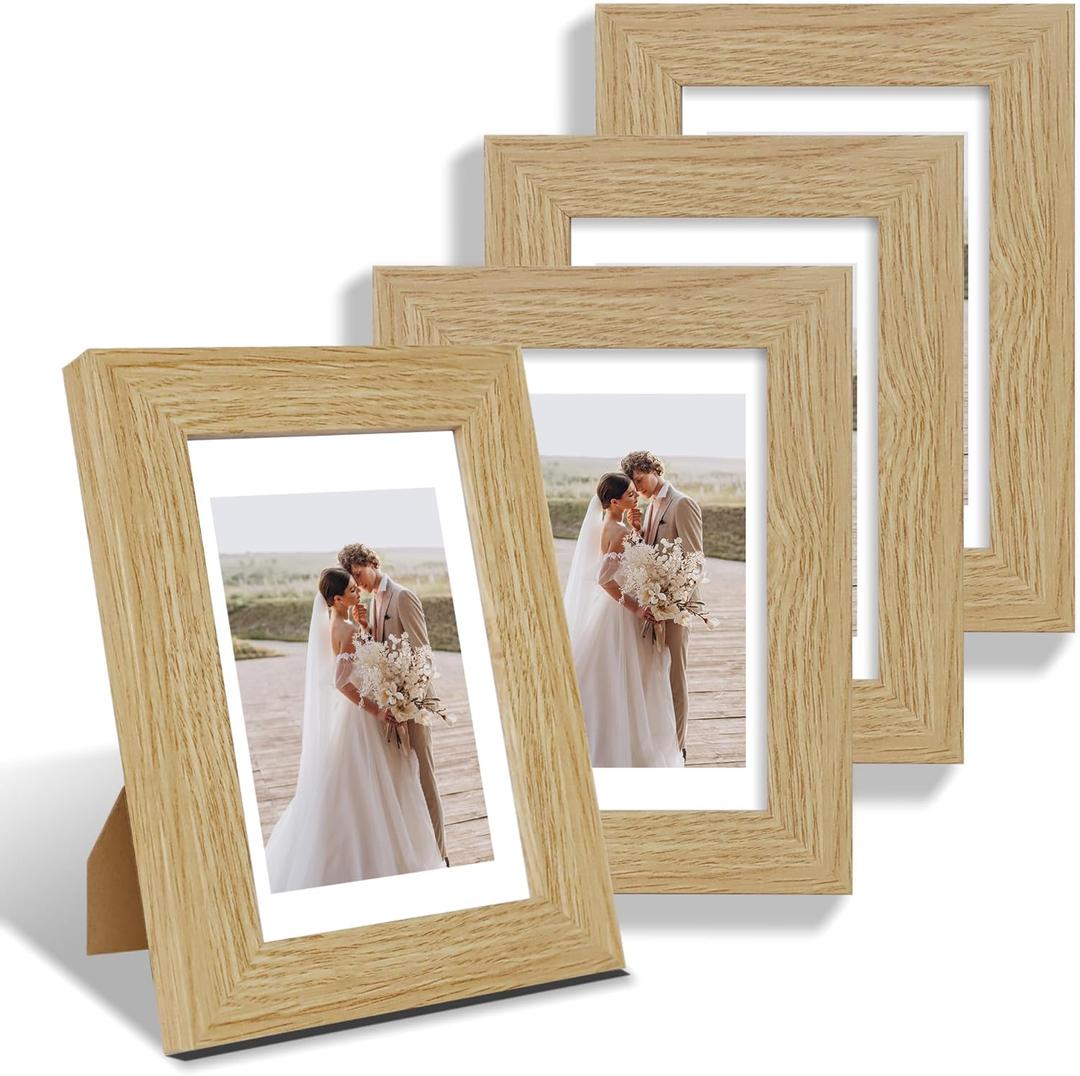 4x6 Picture Frame Set of 4, Made of Real Glass and Natural Oak Wooden Frame, 4 by 6 Photo for Wall or Tabletop - Display Picture 3.5x5 with Mat or 4x6 Without Mat
