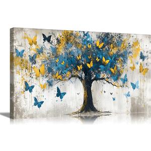 KYSNGMT Abstract Blue Yellow Tree Canvas Wall Art Butterfly Painting | Gallery Wrapped Modern Nature Artwork Decor for Living Room Bedroom Office Home Wall Decoration Ready to Hang 20inx40in