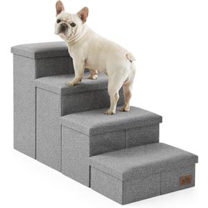 Dog Stairs with Storage, 4-Step Wider Sturdy Dog Steps for Small/Medium/Large Dogs and Older Cats, Folding Doggie Ramp for Bed/Couch/Car Hold Up to 180 lbs (22" H, Grey)