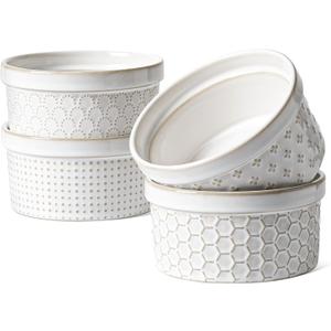 LE TAUCI Ramekins 12 oz, Ramiken for Creme Brulee, Souffle, Dipping Sauce, Ceramic Embossment Housewaming Present -4.8 inch, Set of 4, Arctic White