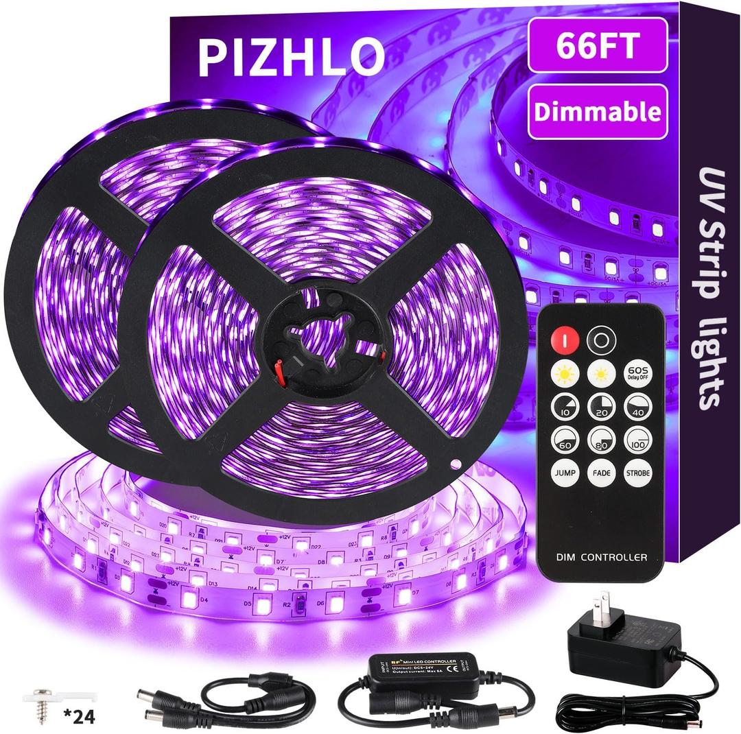 66ft Dimmable Black Light Strip & Remote, 1200 LEDs 12V Flexible LED Blacklight Strip, 20m LED Ribbon, Non-Waterproof Black Lights for Glow Party Birthday Halloween Christmas Party Body Paint (66ft/20M)