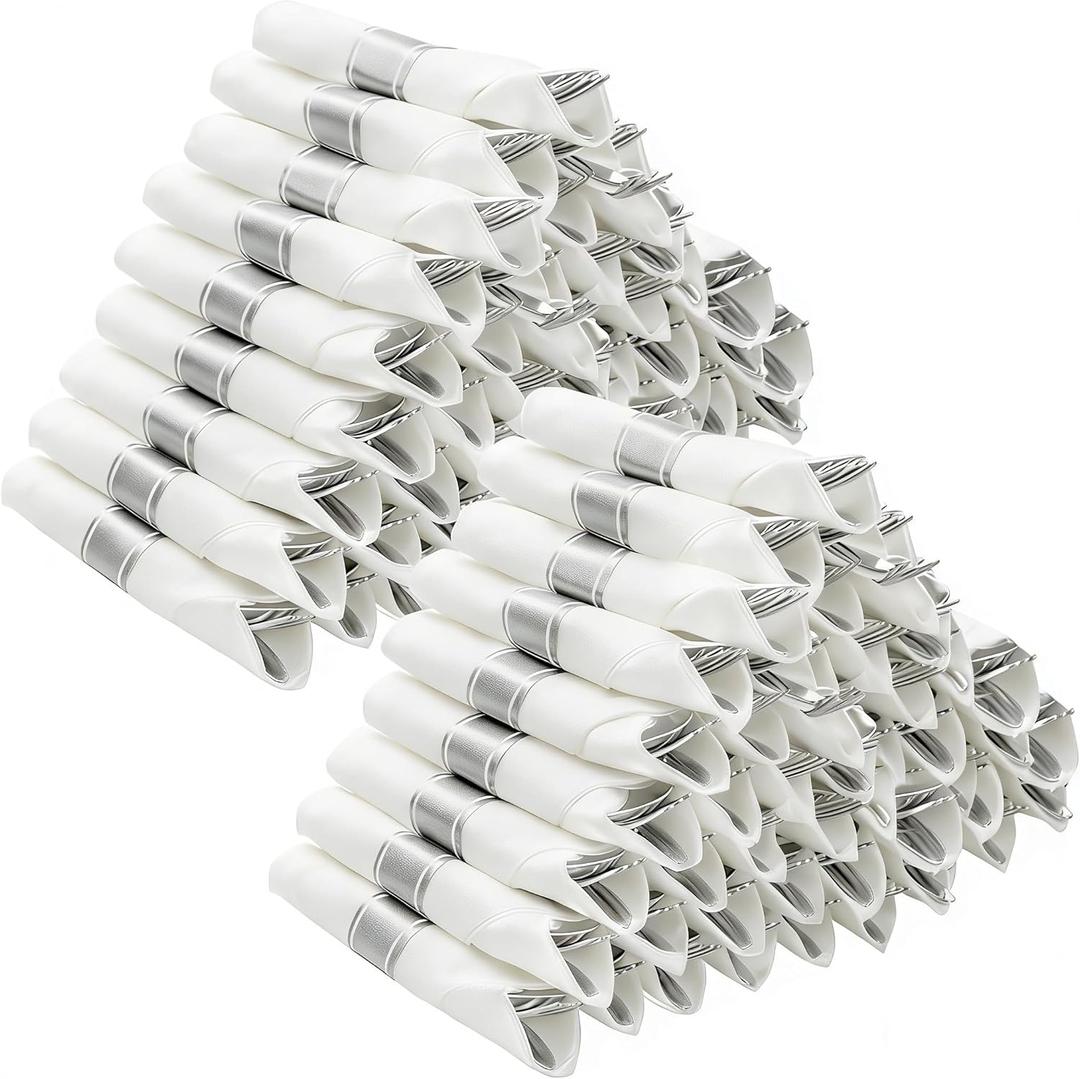 BESTVIP 100 Pack Pre Rolled Silver Plastic Silverware Set, Disposable Wrapped Cutlery Set with 100 Napkins, 100 Knives, 100 Forks and 100 Spoons for Party, Birthday