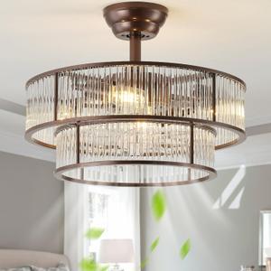 Brown Fandelier Ceiling Fans with Lights, 20" Brown Crystal Chandelier Ceiling Fan with Light Remote Control, Caged Mid Century with 6 Speeds for Bedroom, Living Room, Nursery