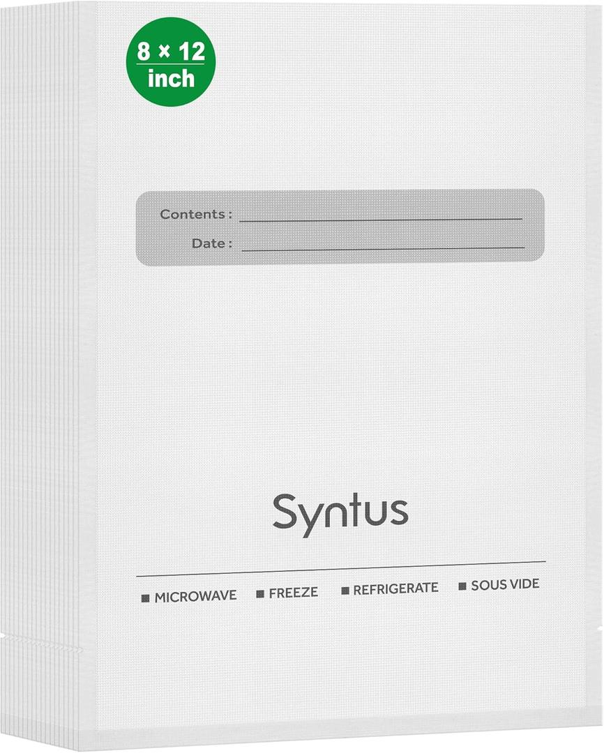 Syntus Vacuum Sealer Bags, 100 Count Quart 8" x 12" Comercial Grade PreCut Bag for Food, BPA Free Food Vac Bags for Storage, Meal Prep or Sous Vide
