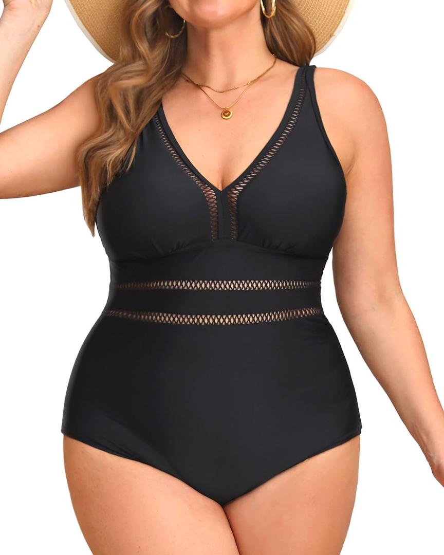 Daci Women Plus Size One Piece Swimsuits Sexy Hollow Out Bathing Suit V Neck Swimwear (Black, S)