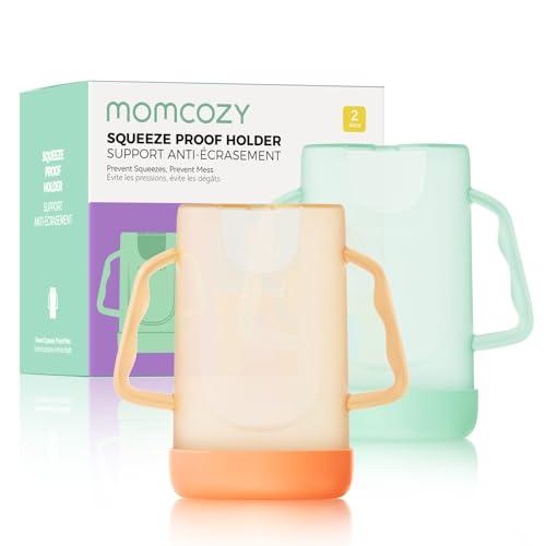 Momcozy Baby Pouch Holder No Squeeze for Food Pouches and Drink Boxes, Allows Baby to Self-feed and Avoid Messes, Baby Food Pouch Holder Handle is Easy to Grip, Comfortable, Green&Orange