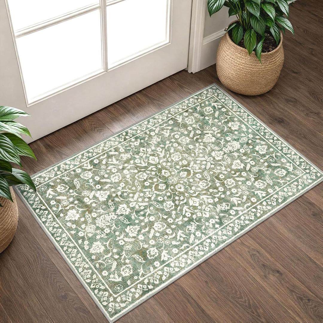 Vintage Entryway Rug Indoor, Sage Green Beige Washable Rug 2x3, Small Area Rug with Non-Slip Backing, Floral Print, Thin Faux Wool Super Soft Door Mat for Kitchen, Entrance, Bedroom, Office
