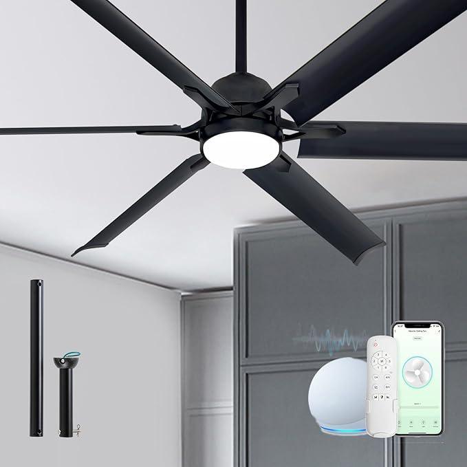 60 Inch Aluminum Blade Ceiling Fan with Light,Industrial Smart Fan Works with Alexa,Indoor Outdoor Metal Black Ceiling Fans for Patio Living Room or Bedroom with 6 Speed Reversible DC Motor,3CCTS