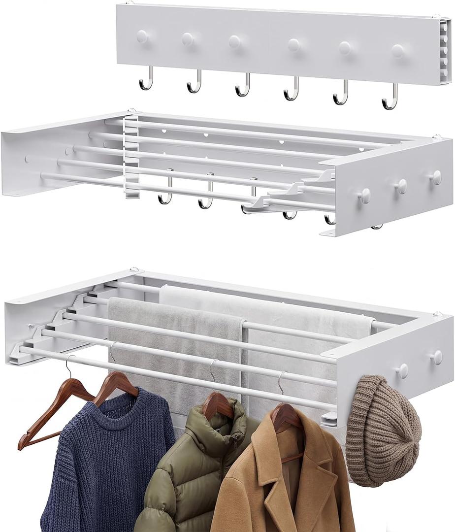 Extra Wide 40" Laundry Drying Rack Wall Mount - Retractable Clothes Drying Rack with 6 Hooks & 6 Knobs, Heavy Duty 60LBS Metal Airer, Large Foldable Wall Hanger for Indoor, 40" Upgrade