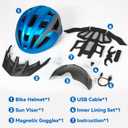 FUNWICT Adult Bike Helmet with Visor and Goggles for Men Women Mountain Road Bicycle Helmet Rechargeable Rear Light Cycling Helmet (XL: 59-63 cm (23.2-24.8 inches), Blue Grey)