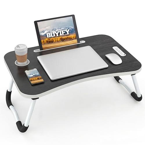BUYIFY Folding Lap Desk, 23 Inch Portable Wood Black Laptop Bed Desk Lap Desk with Cup Holder, for Working Reading Writing, Eating, Watching Movies for Bed Sofa Couch Floor