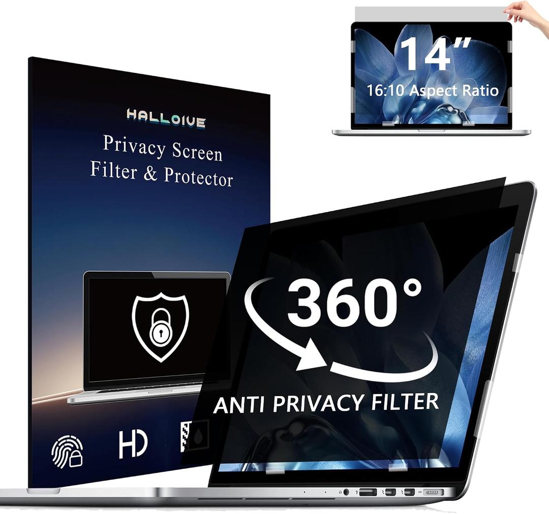 4-Way Laptop Privacy Screen Shield 14 Inch 16:10 Aspect, Removable 360 Privacy Filter Screen Protector for 14 Inch Laptop Computer, Anti Glare Blue Light Slide Mount Tabs Cover