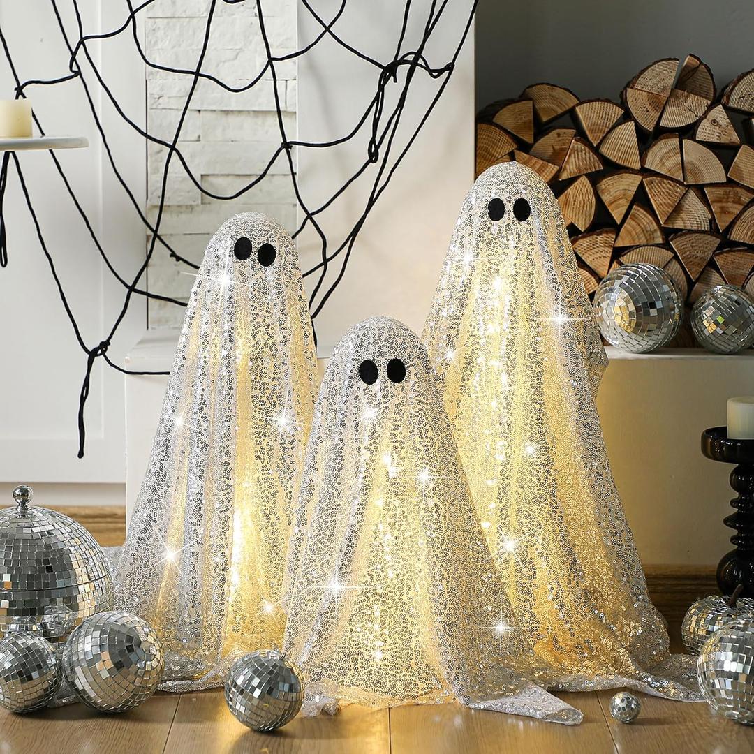 Weysat 3 Pack Halloween Disco Ghost Decor - 11.8" 15.7" and 19.7" DIY Glitter Ghost with LED String Lights Cute Spooky Halloween Party Decorations for Indoor Outdoor Front Porch Yard Garden Lawn