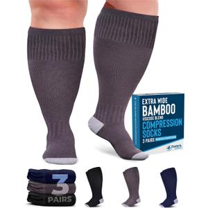 Doctor's Select 3 Pairs Plus Size Compression Socks Wide Calf - Bamboo Viscose Knee High Socks | Circulation Support, 3X-Large, Black/Dark Gray/Navy - 3 Pairs