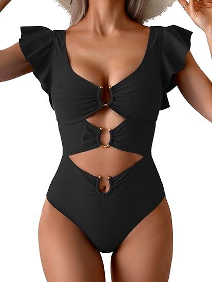 B2prity Women's One Piece Swimsuit Ruffle Sleeve Cut Out Bathing Suit Tie Back High Waisted Swim Suit, Black, L