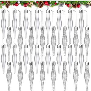 Halloscume 32 Pcs 3.54 Inches Sliver Finial Drop Christmas Ornaments Vintage Christmas Ornaments Matte Glitter Xmas Hanging Decor for Tree Decoration Holiday Decor
