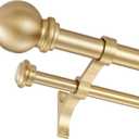 Double Curtain Rod, Adjustable 1 inch Double Drapery Rod Rods for Windows 28 to 48 inch,Ball Round Finials with Brackets Set (28-48",Gold)