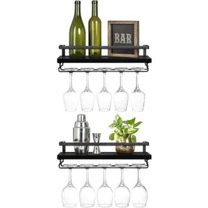 Mkono Wall Mounted Wine Rack Set of 2 Wood Shelf Rustic Wine Bottle Glass Floating Shelves with Stemware Hanger Modern Plants Photos Wine Display Storage Holder for Kitchen Dining Room Bar, Black