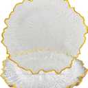 CN JIAHE 13inch Clear Acrylic Reef Gold Rim Charger Plates Set of 8, for Dinner, Wedding, Party, Event Decoration.