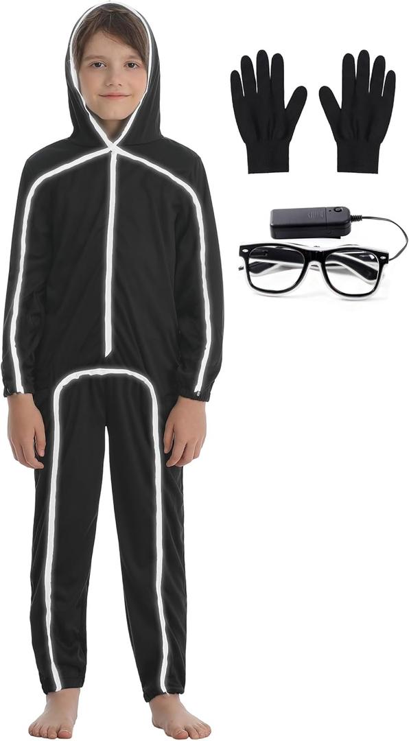 Stick Figure Costume Kids Stickman Jumpsuit with Light up Glasses Halloween Glow in the Dark Outfits for Boys Girls (XX-Large/Height:55"-57", White)