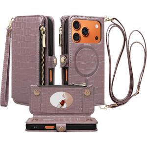 Crossbody Wallet Case for iPhone 17 Pro with Mirror, Wrist Strap, Zipper Purse Magnetic Flip, RFID Blocking Card Holder, Wireless Charging, PU Leather Shockproof 6.3" Women (Rose Gold)