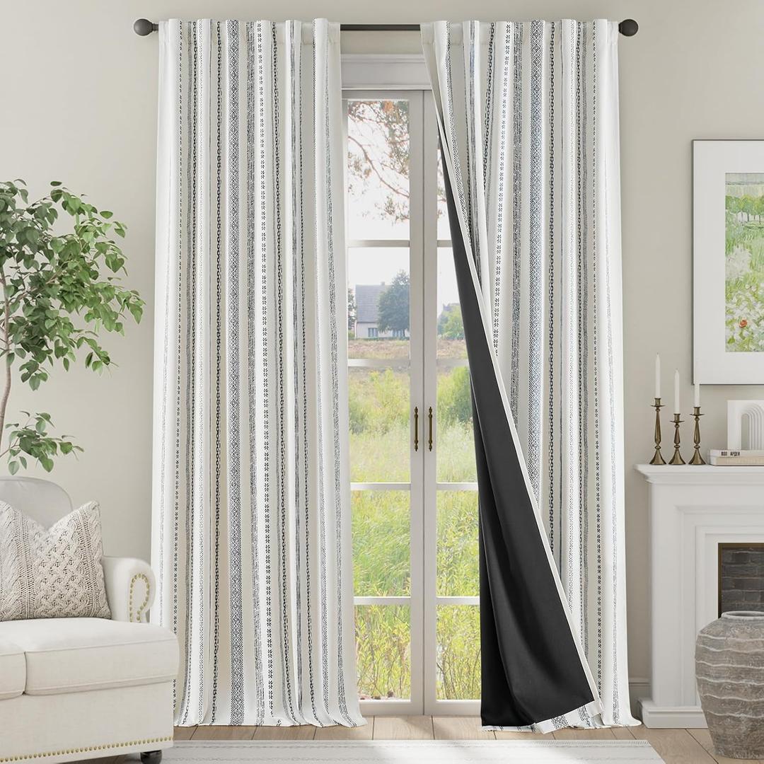 jinchan 100% Blackout Curtains 96 Inches Long for Bedroom, Boho Insulated Curtains Black Printed on Beige Geometric Drapes Back Tab Rod Pocket Room Darkening Retro Farmhouse Pattern 2 Panels