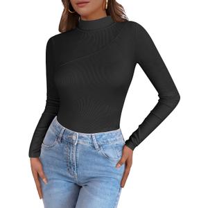 Caracilia Women Long Sleeve Shirts Mock Neck Ribbed Knit Lightweight Tight Tops 2025 Fall Slim Fitted Basic Tees Black Small