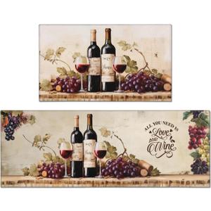 Red Wine Kitchen Rugs Sets of 2, Grapes Vintage Farmhouse Home Kitchen Rugs and Mats, Washable Non Skid Absorbent Microfiber Kitchen Floor Decor Mat 17"x 47 + 17"x 30"