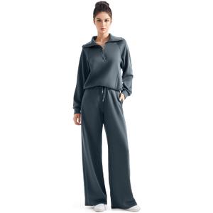 SUUKSESS Women 2 Piece Lounge Matching Set Wide Leg Sweatpant Half Zip Sweatshirt (Small, Dark Storm)