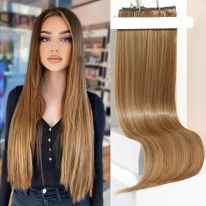 REECHO Clip in Hair Extensions, Hair Extensions Thick Long Lace Weft Lightweight Synthetic Hairpieces for Women 24 Inch-240 Gram(Pack of 5), Light Brown with Highlights