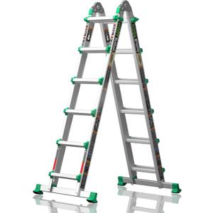 Ladder, Multi Position 6 Step Ladder Extension, 22 Ft Anti-Slip A Frame Compact Folding Ladder, 330LBS Adjustable Telescopic Aluminum Ladders for Home Stairs Roof Outdoor, Escaleras para Casa (Green)
