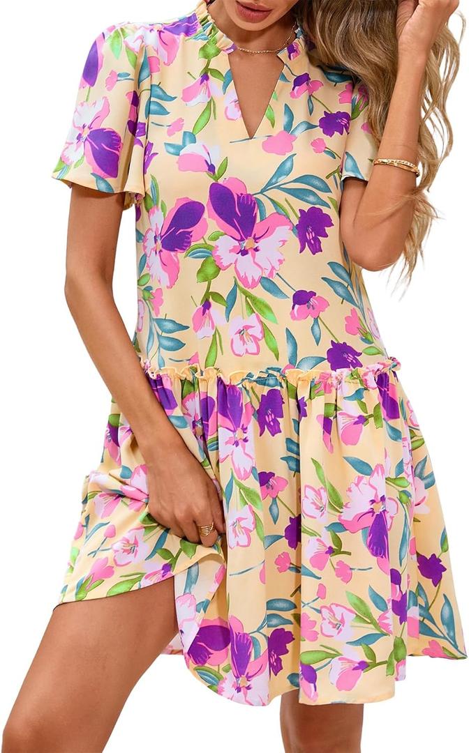 BTFBM Women Spring Dresses 2026 Short Sleeve V Neck Tiered Ruffle Boho Swing Dress A-Line Floral Mini Dresses (XL)