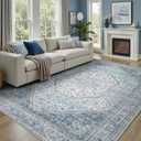 DCX Machine Washable Blue Rugs for Living Room 9x12, Non Slip Stain Resistant Vintage Floral Rug for Bedroom Nursery, Soft Low Pile Large Carpet