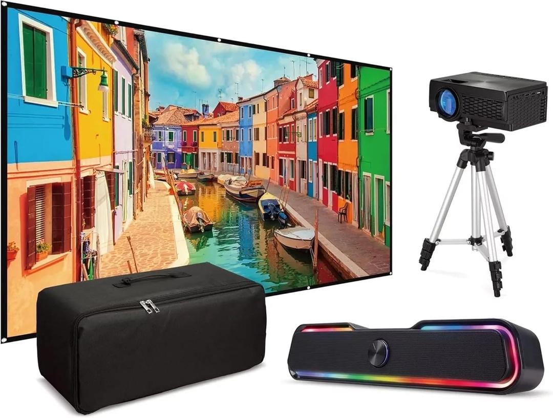 iLive Popup Theater Kit Bundle 2023 With HDMI Cord: 1080p HD Mini Projector, 120" Screen, Bluetooth Soundbar, 42" Tripod - Perfect for Home Cinema, Gaming & Outdoor Movies
