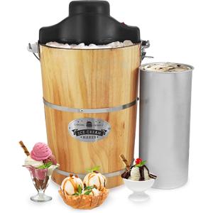 Elite Gourmet Old Fashioned 6 Quart Vintage Wood Bucket Electric Ice Cream Maker Machine Appalachian, *Bonus Classic Die-Cast Hand Crank for Churning, Uses Ice and Rock Salt Churns Ice Cream in Minute (Pine)