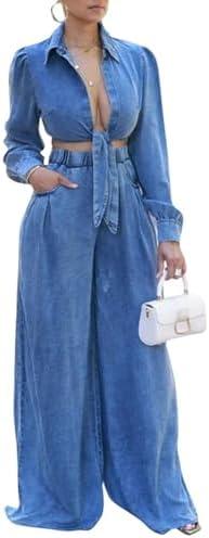 Voghtic Women's Sexy Denim 2 Pieces Outfits Fall Long Sleeve v Neck Crop Lace-Up Shirt Wide Leg Pants Matching Sets, XL
