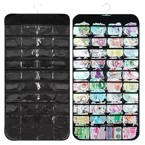 PACMAXI Hanging Sticker Display Organizer, Double-Sided 80 Pocket Sticker Storage, Portable Wall-Hanging Sticker Holder for Vendors, Collectors, and Crafters (Black)