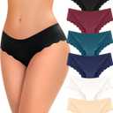 5 pack Seamless Underwear for Women Sexy Low Rise Hipster Wave Edge No Show Bikini Panties Women's Cheeky (Large, Black+red+blue+white+beige)