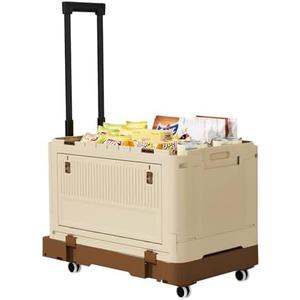 VOWNER Large Foldable Utility Cart, Portable Rolling Crate with 132 lbs Capacity, Handcart Shopping Trolley with Lid and 4 Rotate Wheels, for Grocery, Shopping, Office, Camp, Brown