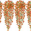 4 Pack Artificial Hanging Violet Vines for Outdoor Spring Decor,28 in Artificial Hanging Flowers,UV Resistant Fake Plant Violet Flower with Eucalyptus Leaf,Spring Summer Decoration (Orange)