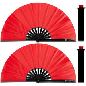 2 Pack Large Folding Hand Fans, Bamboo Handheld Rave Fan Wedding Fan Bamboo Frame Thickened Smooth Fabric for Cooling Decoration Women Men Gril Boy Gift, 13.8" Red