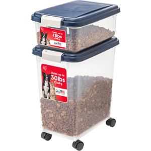 IRIS USA Dog Food Storage Container 30 lb + 11 lb, Stackable Combo Set, Airtight Pet Food Storage Bins with Wheels for Dog Cat Bird Chicken Food, BPA Free, Made in USA, Navy, 41 Lbs