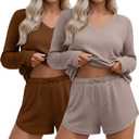 2 Pack Women's Waffle Knit Lounge Sets Long Sleeve V Neck Pajama Sets Tops and Shorts Loungewear with Pockets (Medium, Caramel, Khaki)