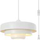 Hanging Lamp Plug in White Pendant Light Fixtures Mid Century Modern Pendant Lamp with 3-Layer Metal Shade Plug in Hanging Light for Kitchen Island Dining Room Bedroom