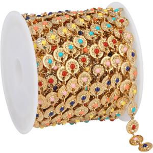 UMAOKANG 9.8 Feet Gold Plated Stainless Steel Chains for Jewelry Making Colorful Enamel Sunflower Decorative Craft Chain Roll