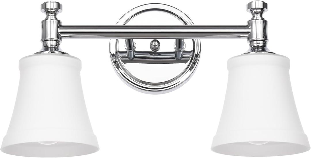 Bathroom Vanity Light Fixtures, Traditional Chrome 2 Lights Wall Sconce Lighting with Opal Glass Shade, Porch Wall Mount Light Fixture for Bathroom, Mirror Cabinets Hallway Stairs